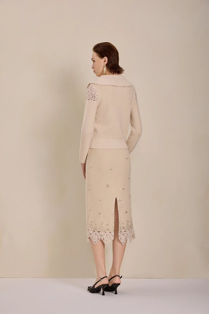 Solelegia Beige Wool Knit Crop Sweater V-Neck Back View