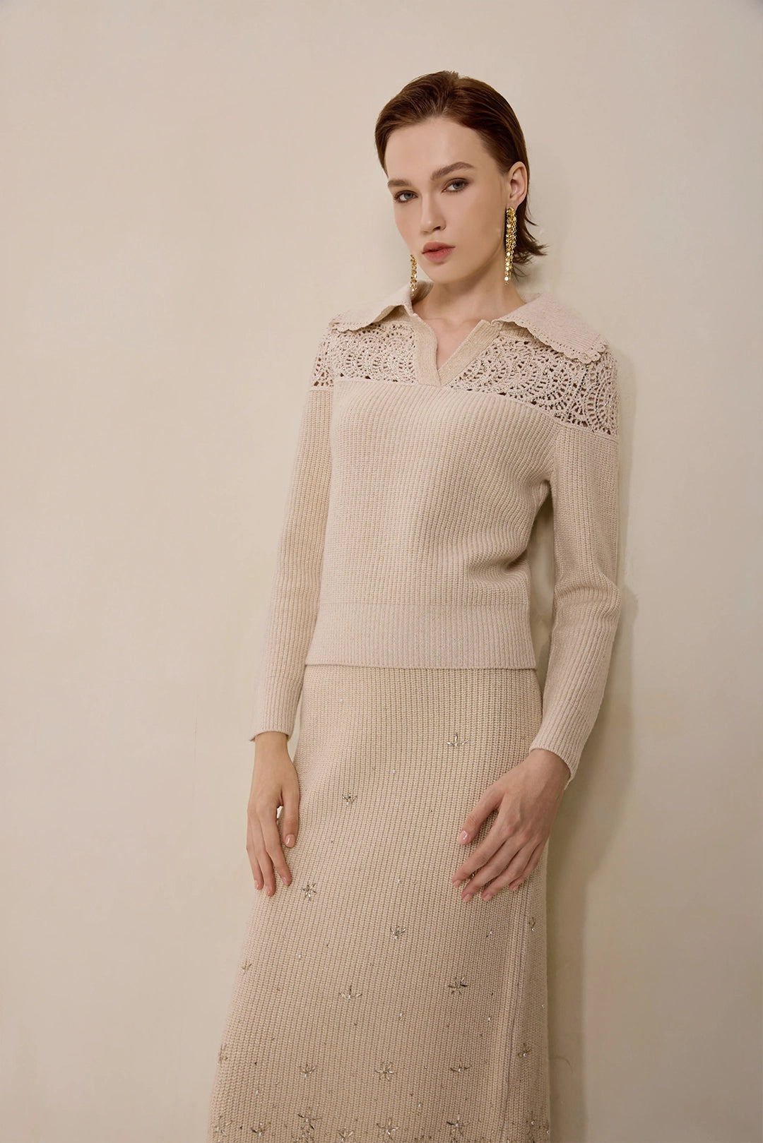 Solelegia Beige Wool Knit Crop Sweater V-Neck Front View