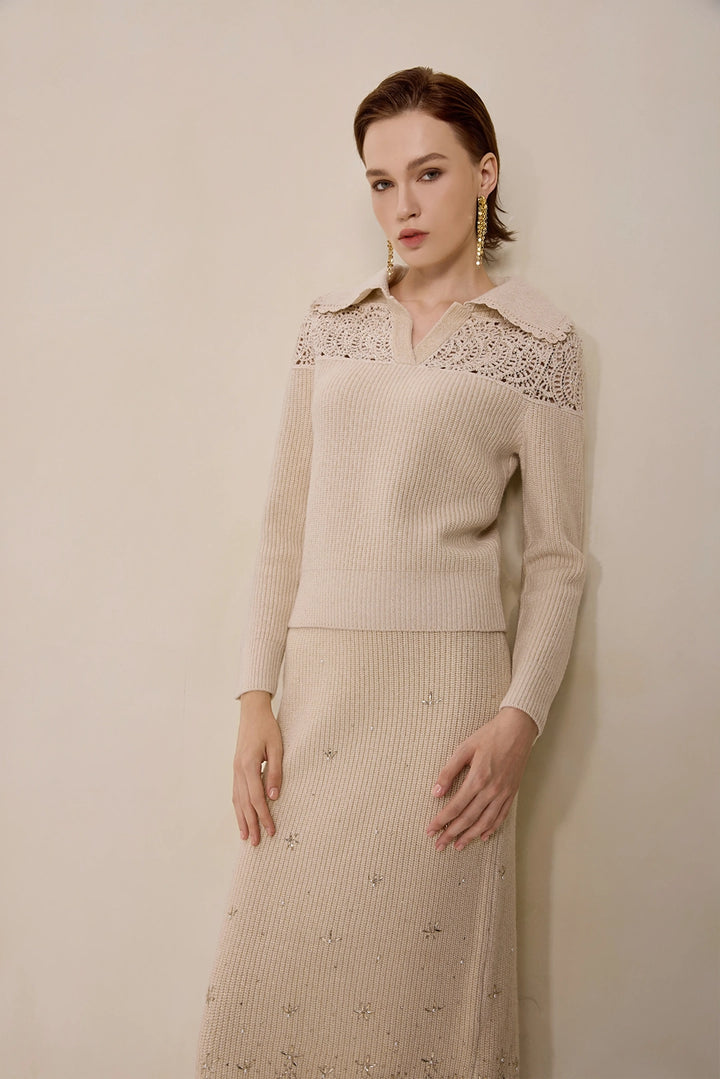 Solelegia Beige Wool Knit Crop Sweater V-Neck Front View