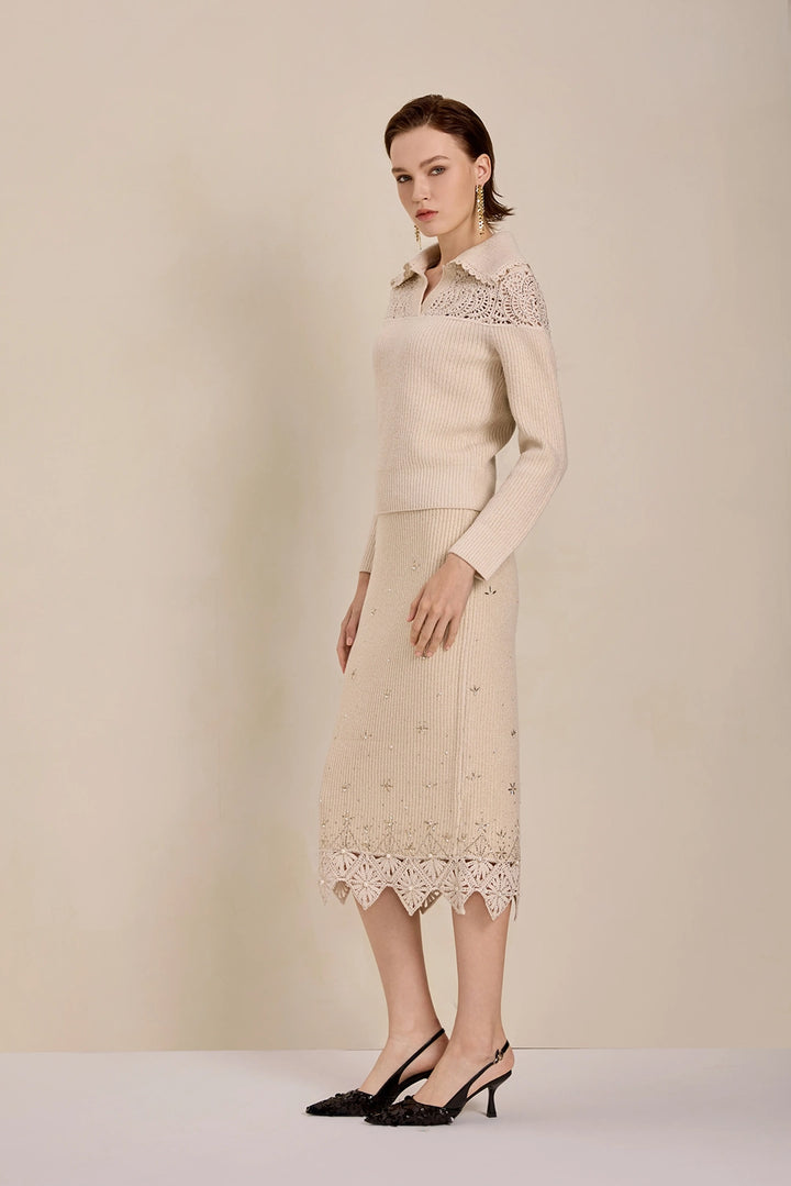 Solelegia Beige Wool Knit Crop Sweater V-Neck Side View
