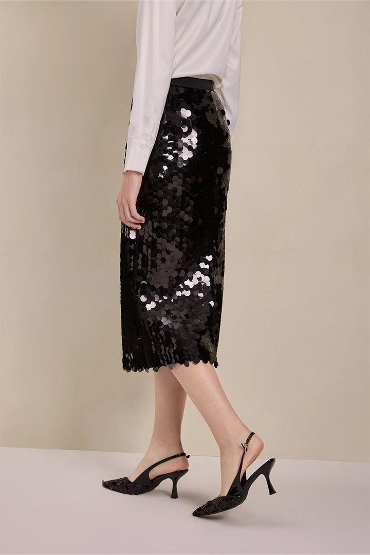 Detail view of Solelegia Black Sequin Straight Skirt for elegant parties
