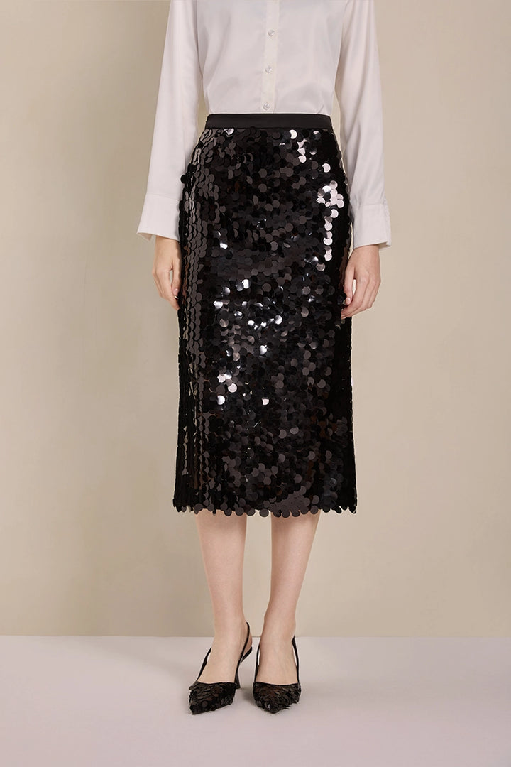 Front view of Solelegia Black Sequin Straight Skirt for elegant parties