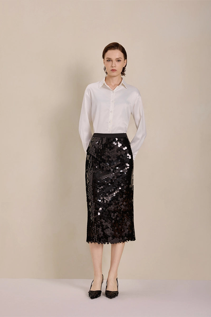 Model view of Solelegia Black Sequin Straight Skirt for elegant parties