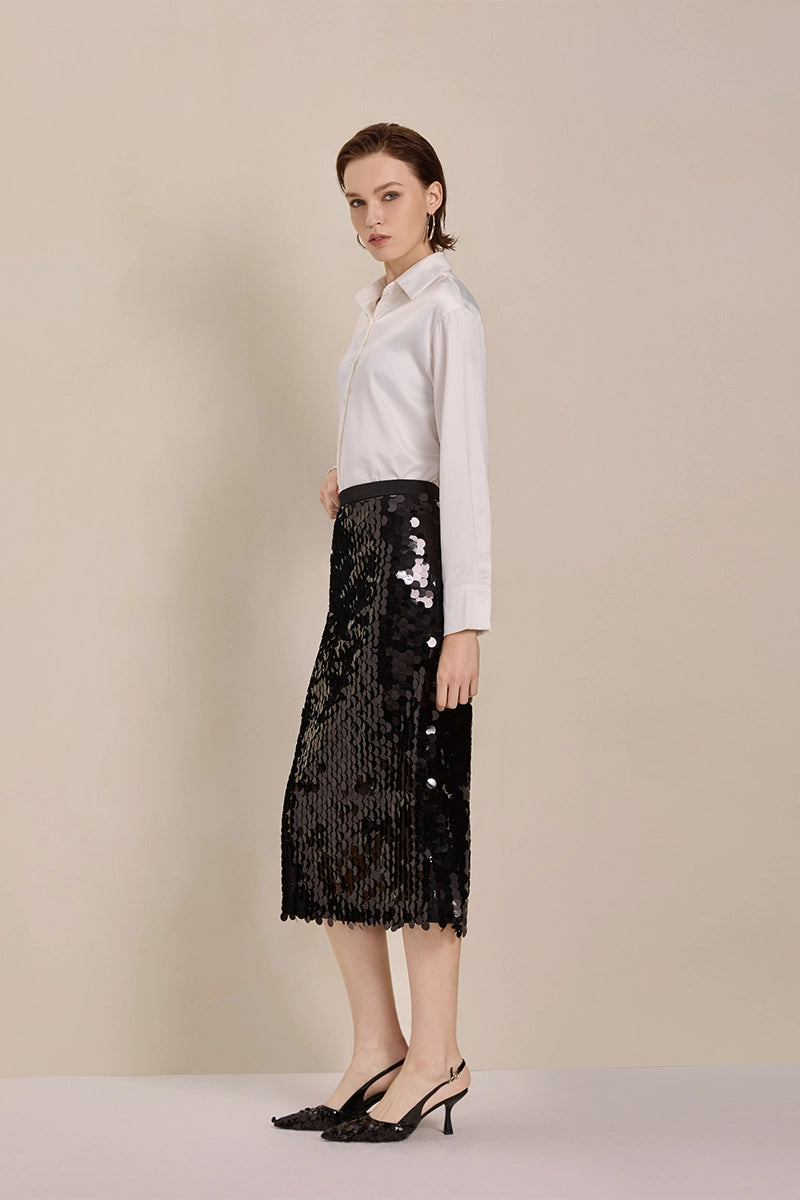 Side view of Solelegia Black Sequin Straight Skirt for elegant parties