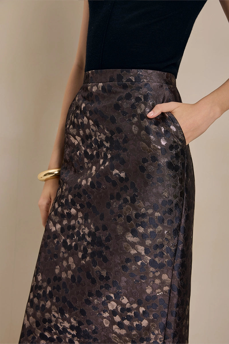 Detail view of Solelegia Brown Jacquard Straight Skirt for office and evening wear