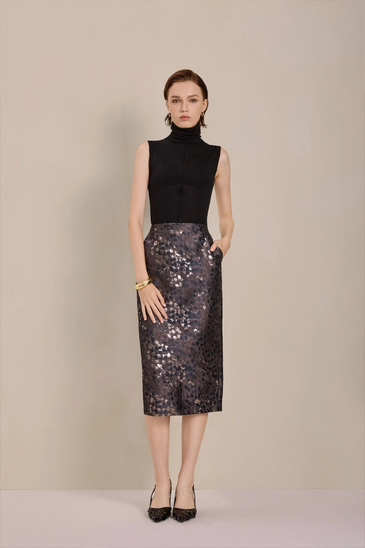 Front view of Solelegia Brown Jacquard Straight Skirt for office and evening wear