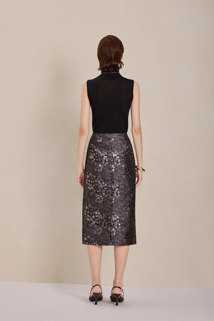 Back view of Solelegia Brown Jacquard Straight Skirt for office and evening wear