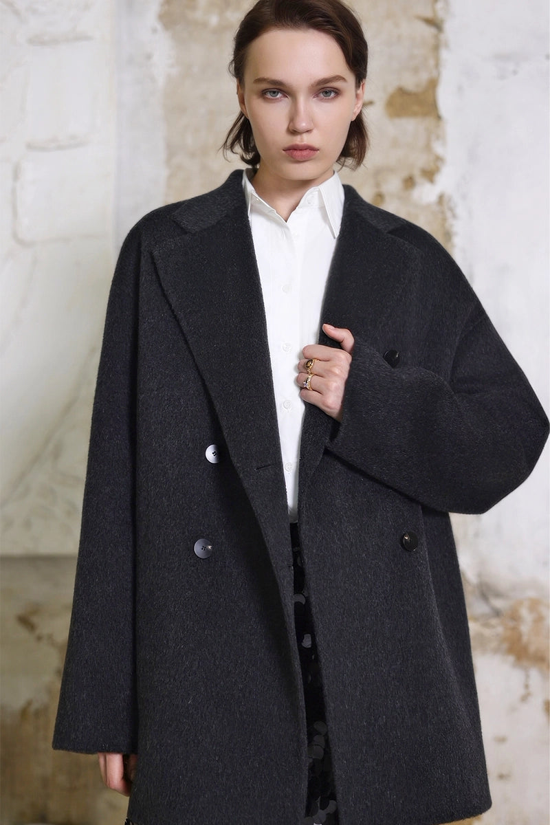 Front view of Solelegia Classic Double-Breasted Mid-Length Camel Wool Coat for Women
