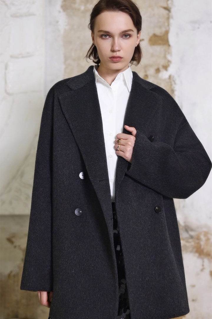 Front view of Solelegia Classic Double-Breasted Mid-Length Camel Wool Coat for Women