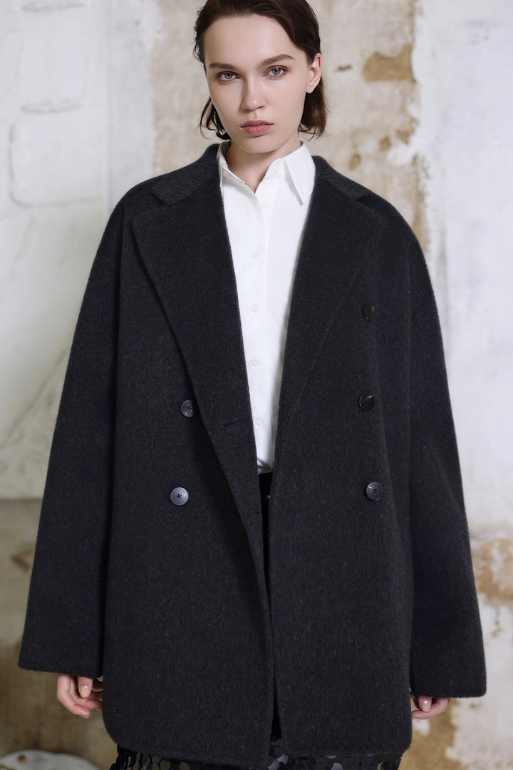 Front view of Solelegia Classic Double-Breasted Mid-Length Camel Wool Coat for Women