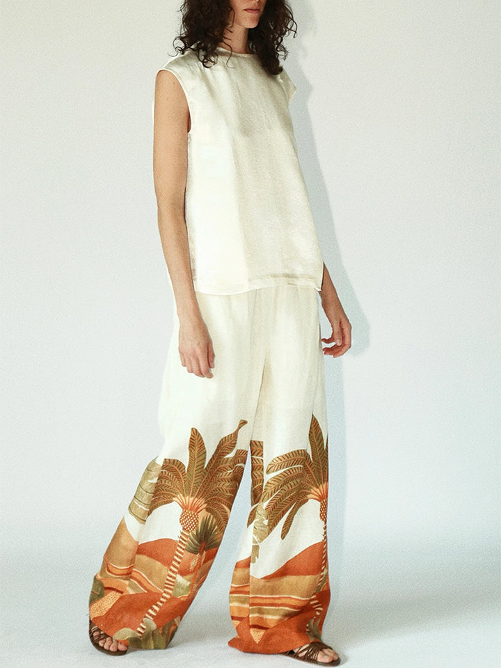 Elastic waist tropical print wide-leg pants for summer