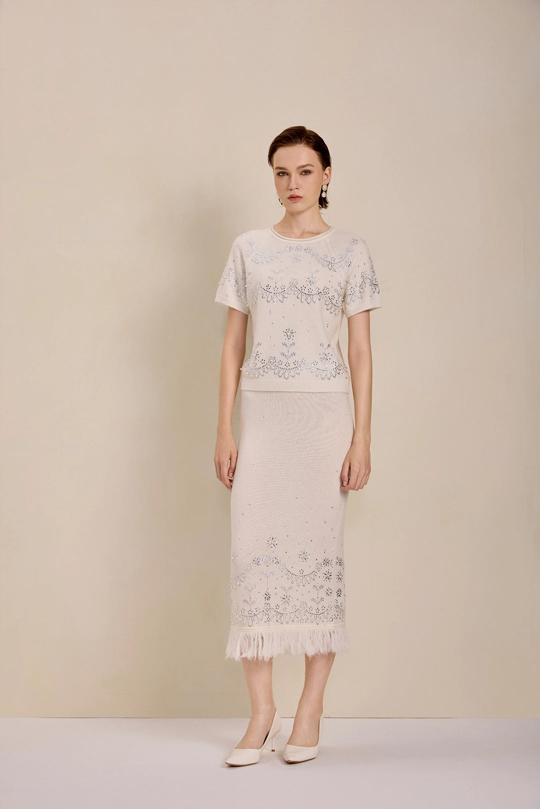 Model view of Solelegia Galaxy Ripple Luxury Knit Dress