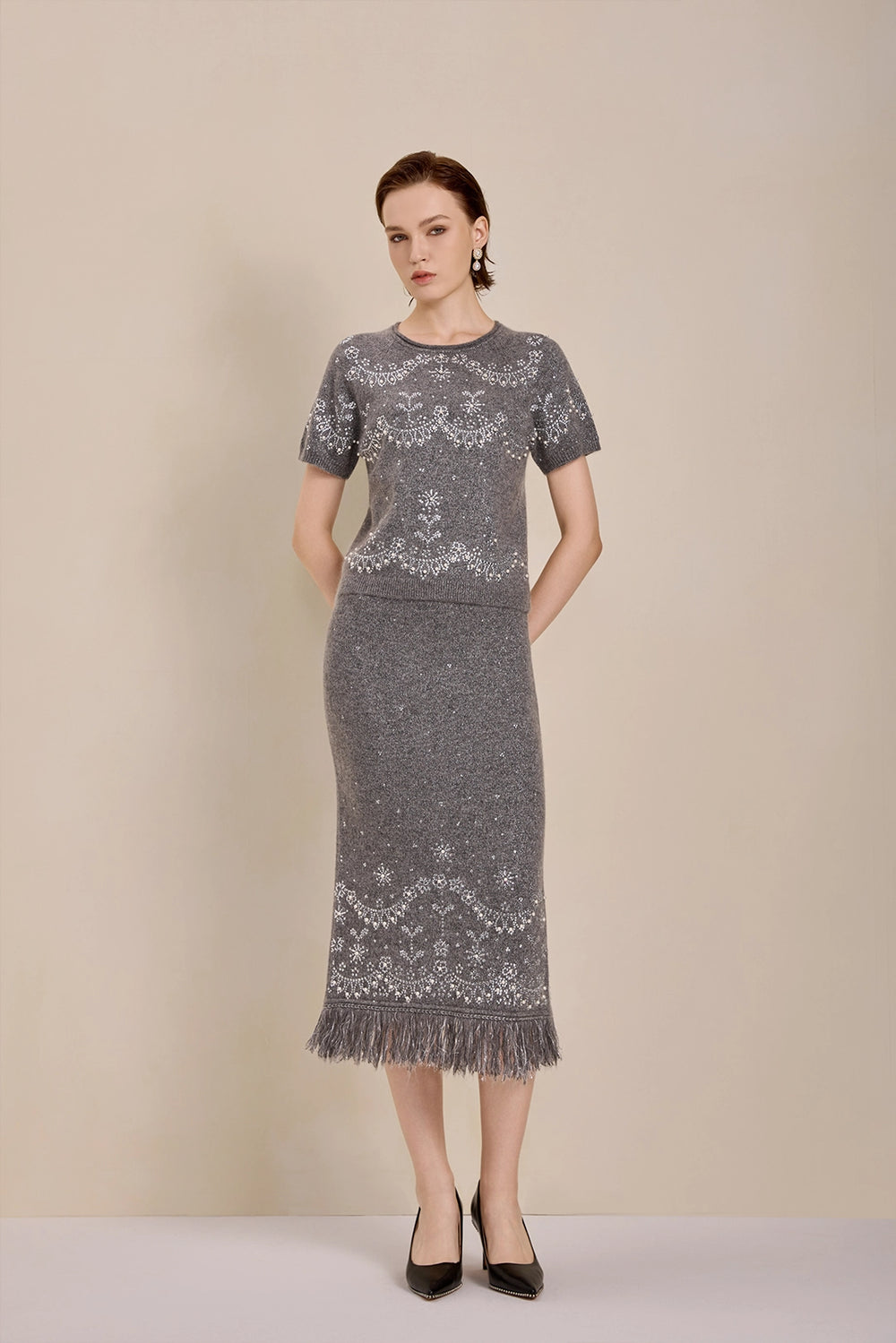Model view of Solelegia Galaxy Ripple Luxury Knit Dress
