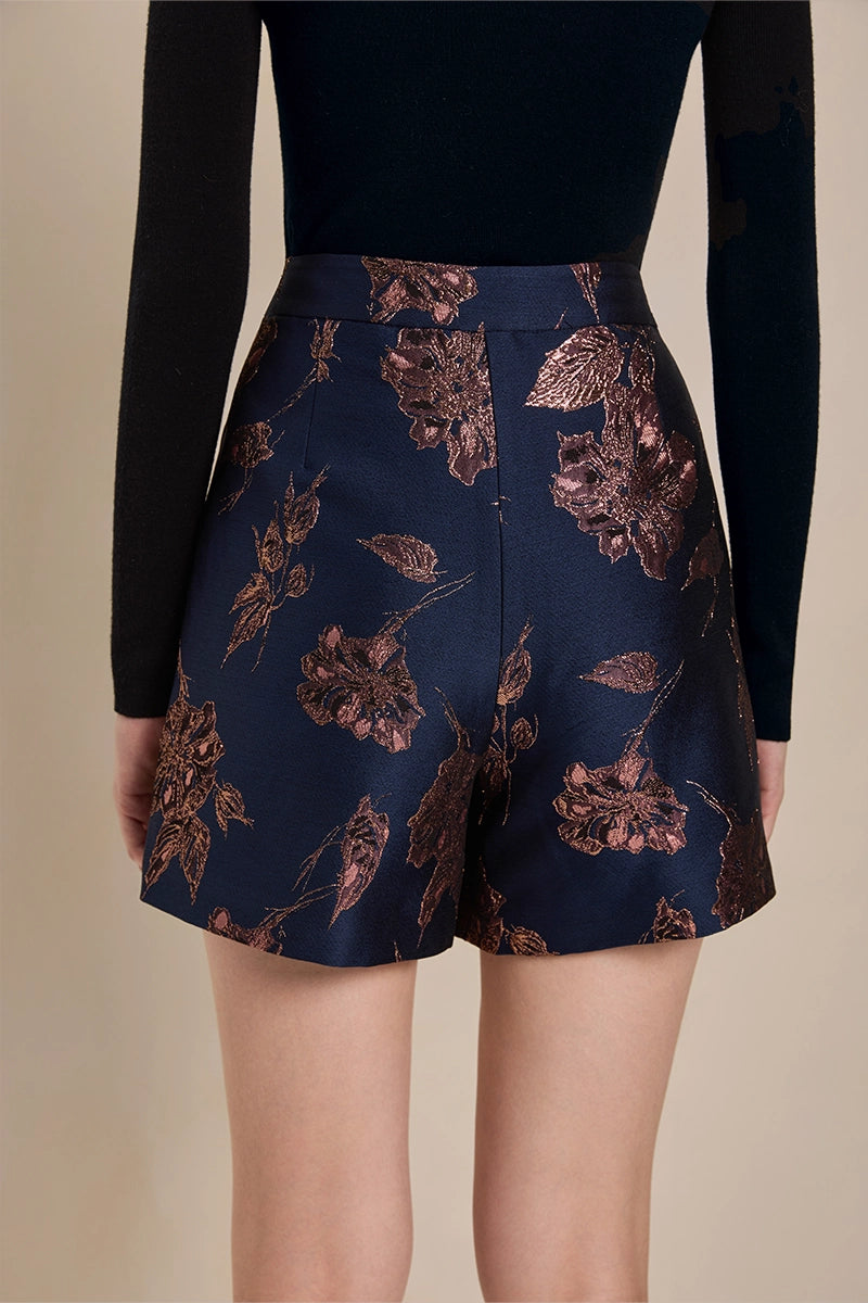 Back view of Solelegia Women’s Gold Jacquard Shorts