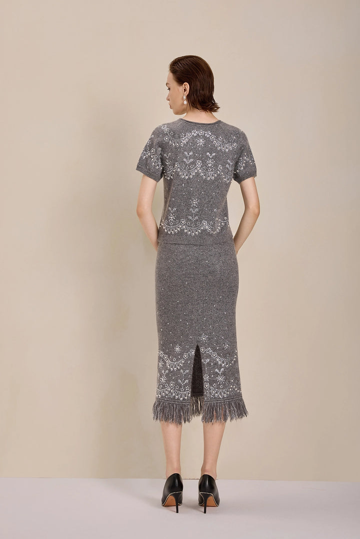 Solelegia Gray Short Sleeve Mohair Wool Knit Top Back View