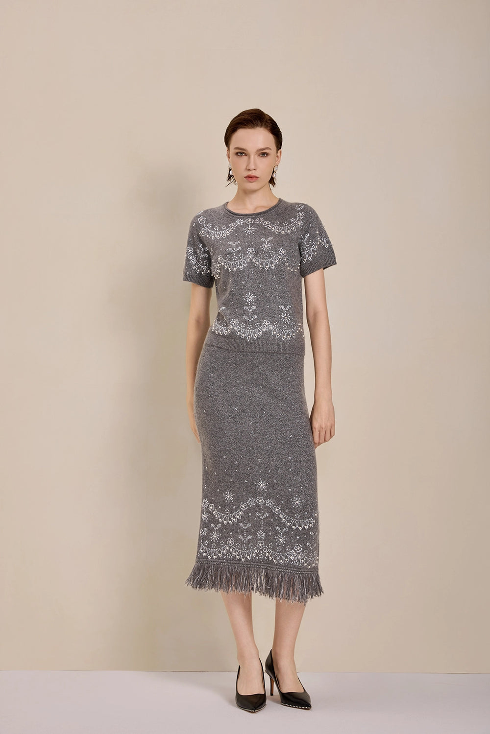 Solelegia Gray Short Sleeve Mohair Wool Knit Top Model View