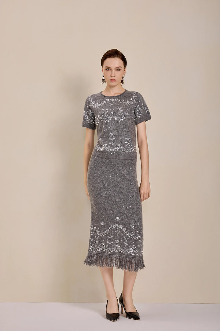 Solelegia Gray Short Sleeve Mohair Wool Knit Top Model View