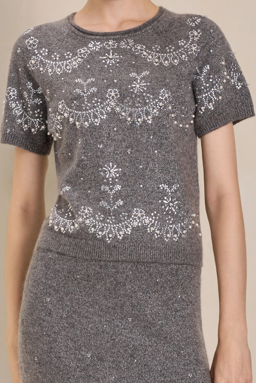 Solelegia Gray Short Sleeve Mohair Wool Knit Top Front View