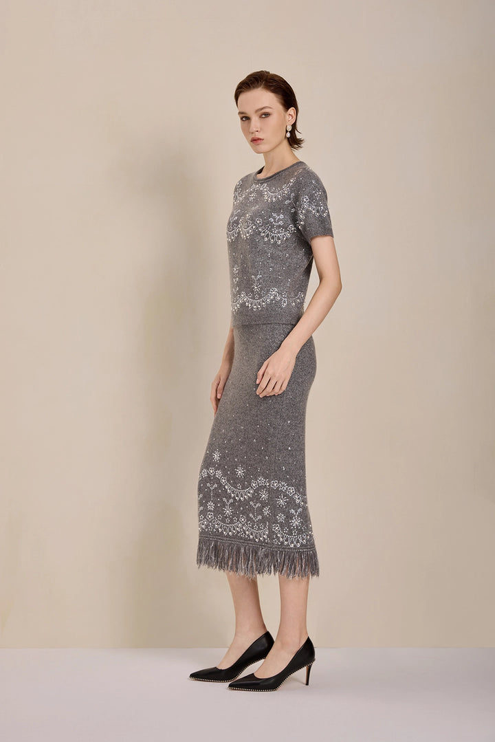 Solelegia Gray Short Sleeve Mohair Wool Knit Top Side View