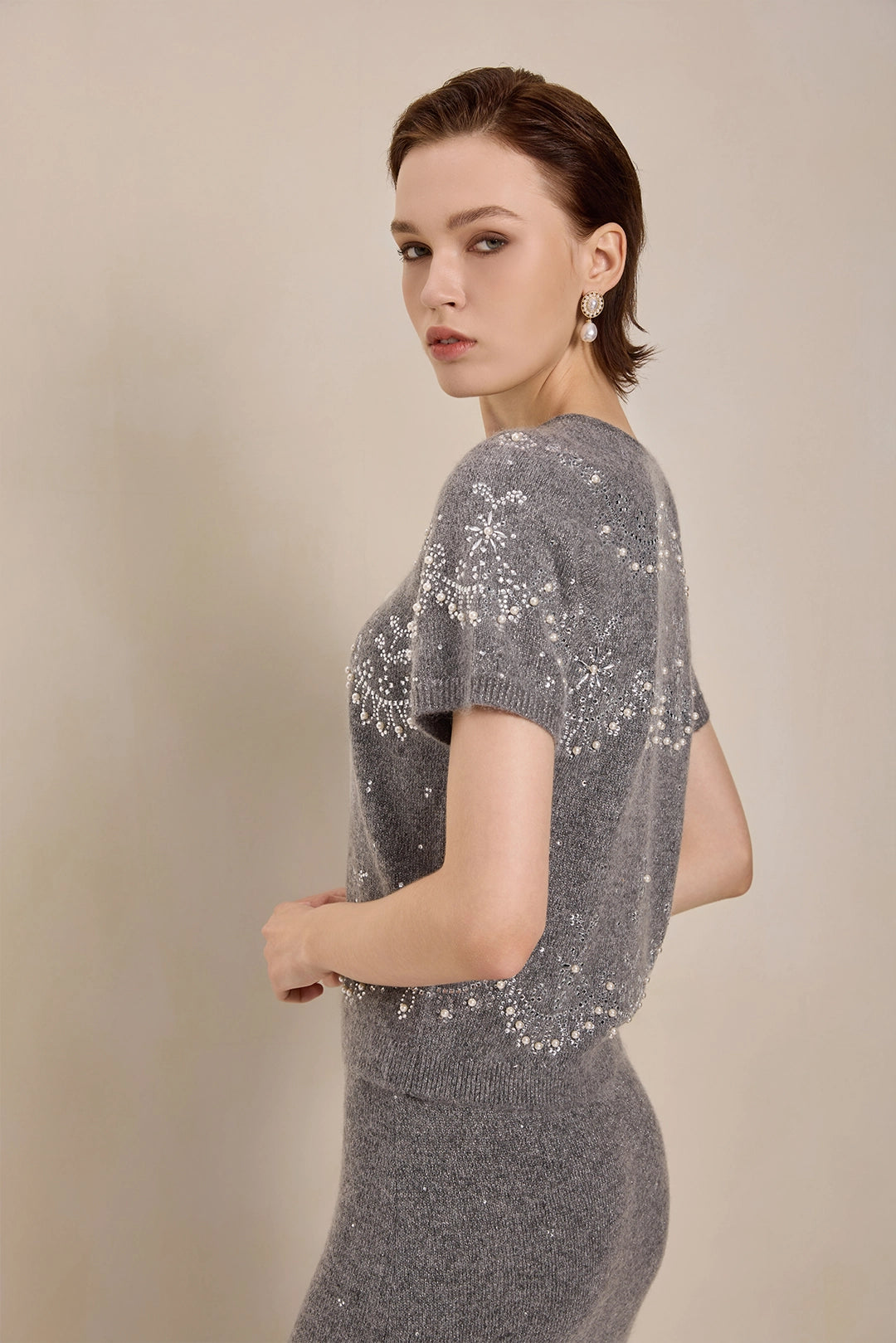 Solelegia Gray Short Sleeve Mohair Wool Knit Top Detail View