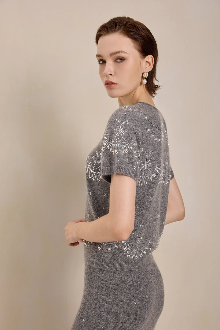 Solelegia Gray Short Sleeve Mohair Wool Knit Top Detail View