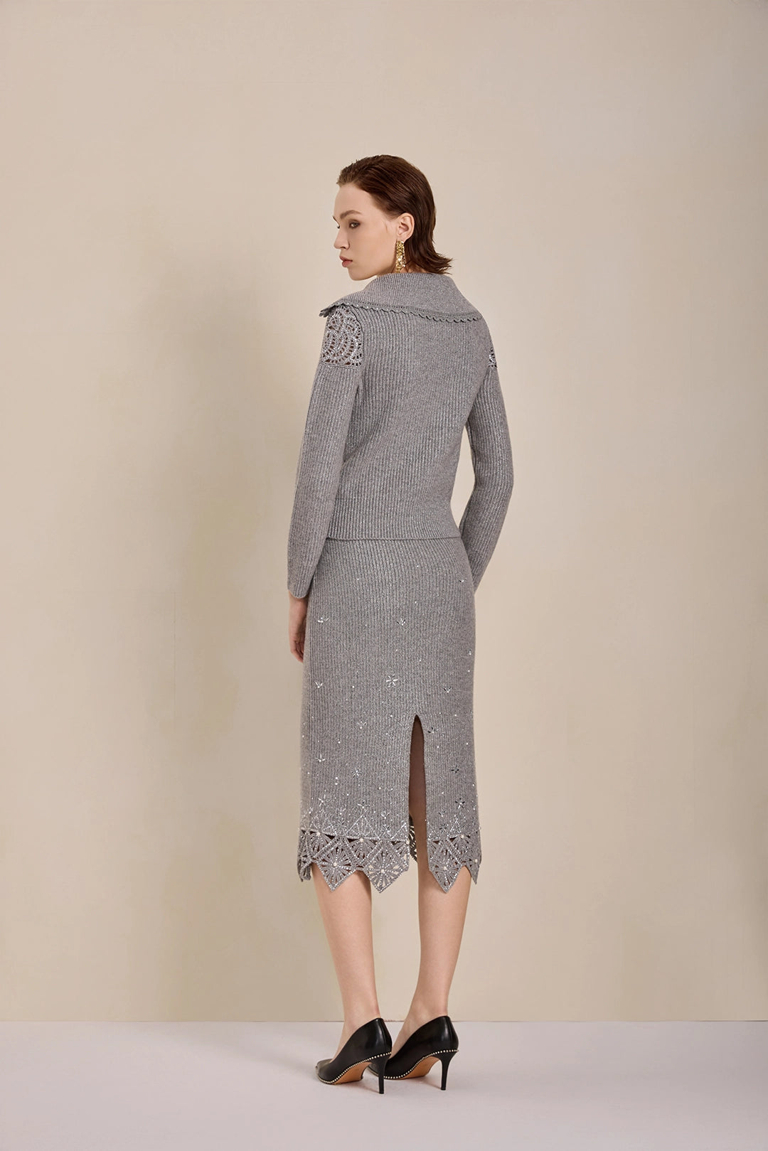 Solelegia Gray Wool Knit Crop Sweater V-Neck Back View