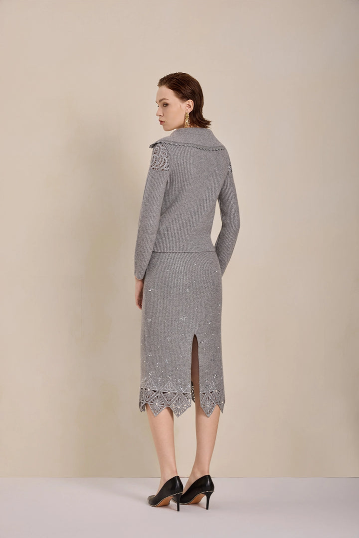 Solelegia Gray Wool Knit Crop Sweater V-Neck Back View