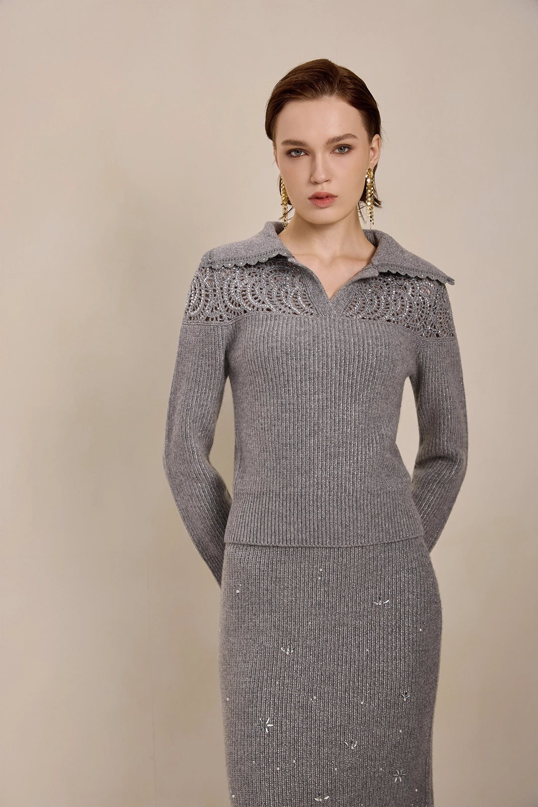 Solelegia Gray Wool Knit Crop Sweater V-Neck Detail View