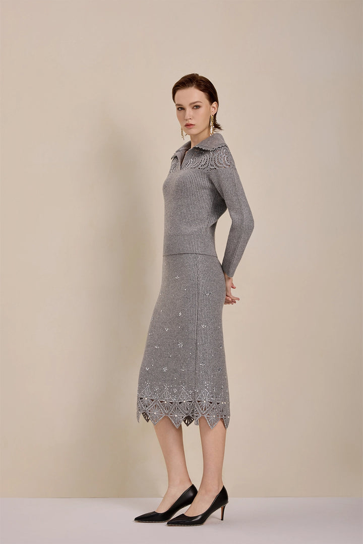Solelegia Gray Wool Knit Crop Sweater V-Neck Size View