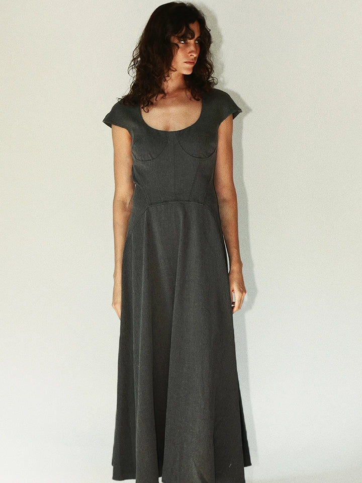 Solelegia Grey Round Neck Waist-Defined Maxi Dress | Elegant Everyday Style