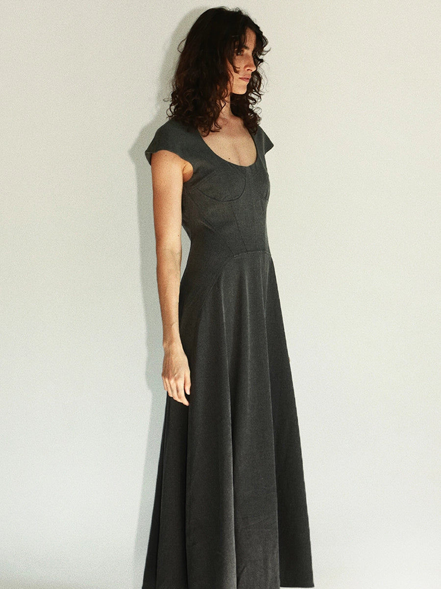Solelegia Grey Round Neck Waist-Defined Maxi Dress | Elegant Everyday Style