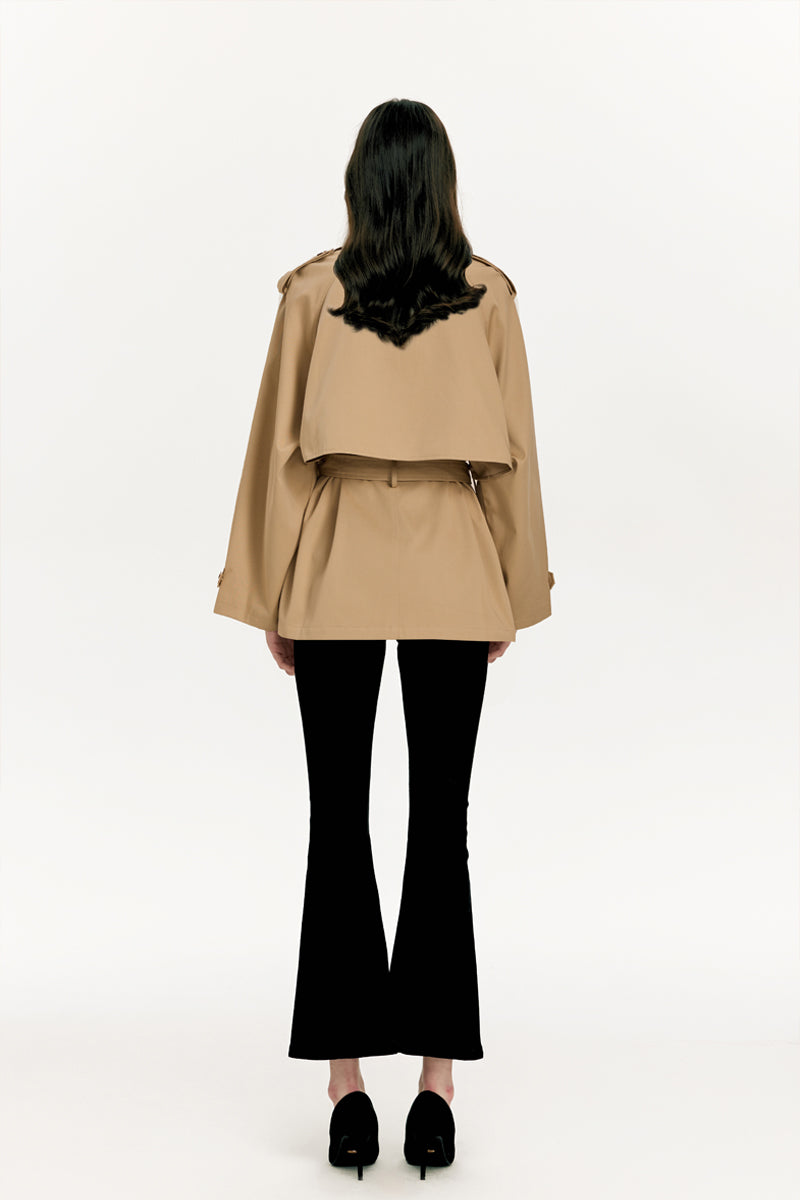 Back view of Solelegia Khaki Double-Breasted Short Trench Coat with flared sleeves