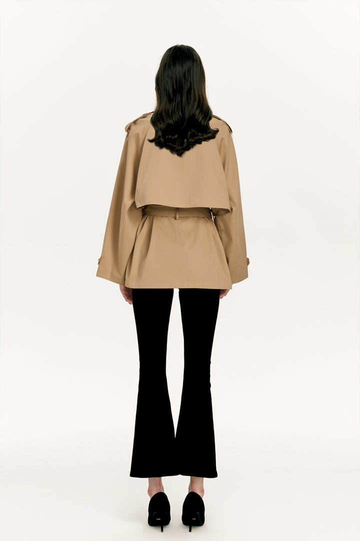 Back view of Solelegia Khaki Double-Breasted Short Trench Coat with flared sleeves