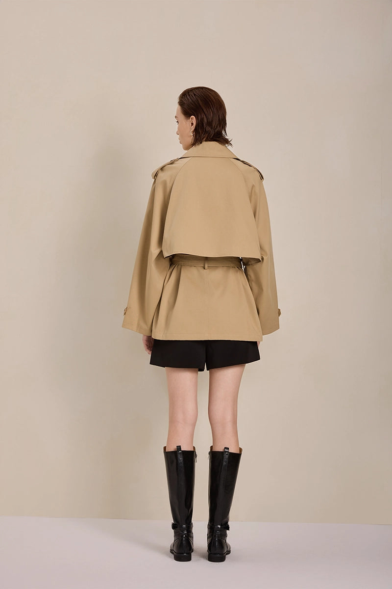 Back view of Solelegia Khaki Double-Breasted Short Trench Coat with flared sleeves
