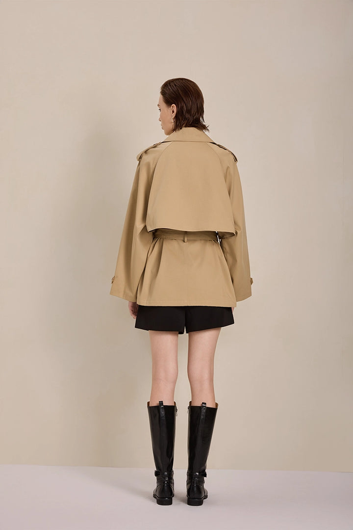 Back view of Solelegia Khaki Double-Breasted Short Trench Coat with flared sleeves