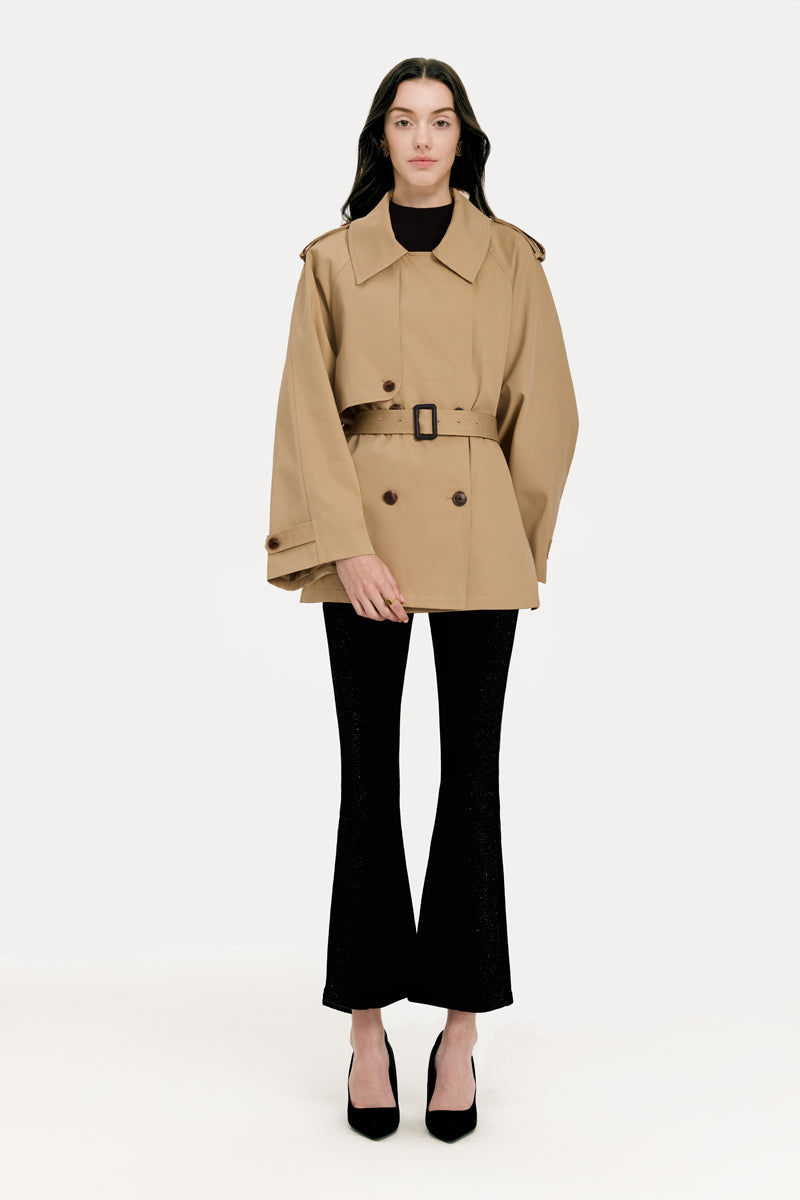 Front view of Solelegia Khaki Double-Breasted Short Trench Coat with flared sleeves