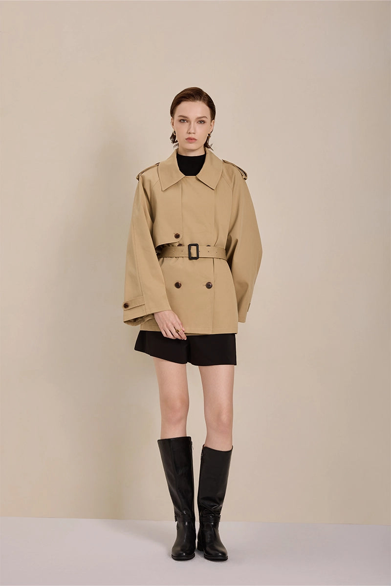 Front view of Solelegia Khaki Double-Breasted Short Trench Coat with flared sleeves