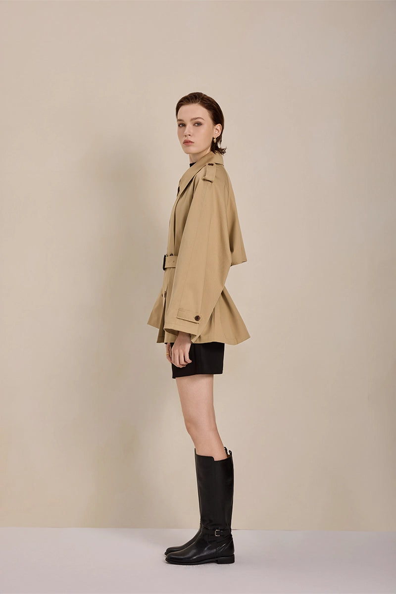 Side view of Solelegia Khaki Double-Breasted Short Trench Coat with flared sleeves