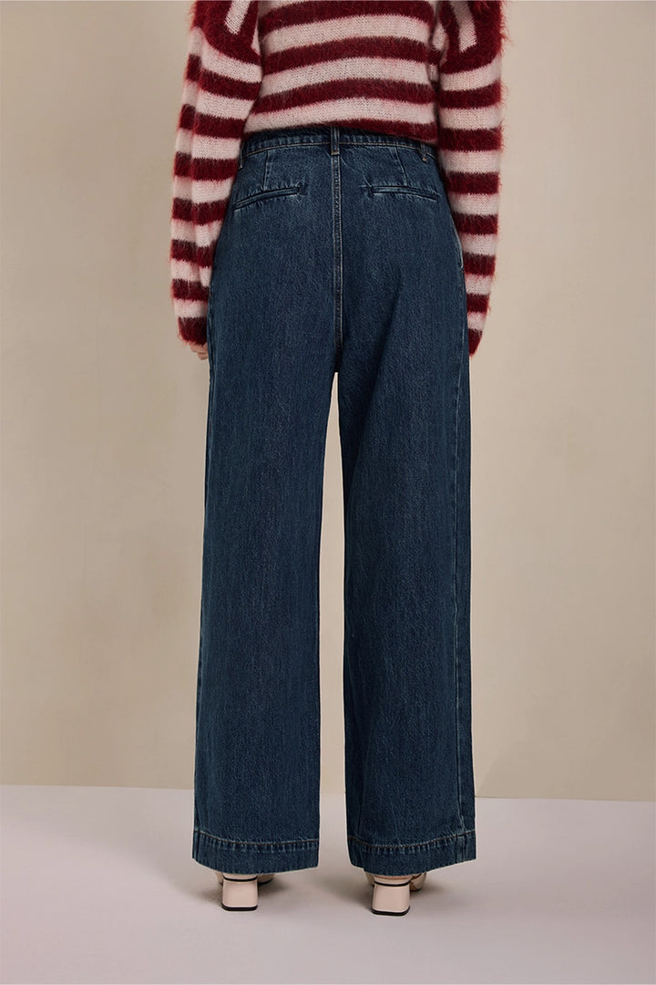 Back view of Solelegia Pleated Front Wide-Leg Jeans