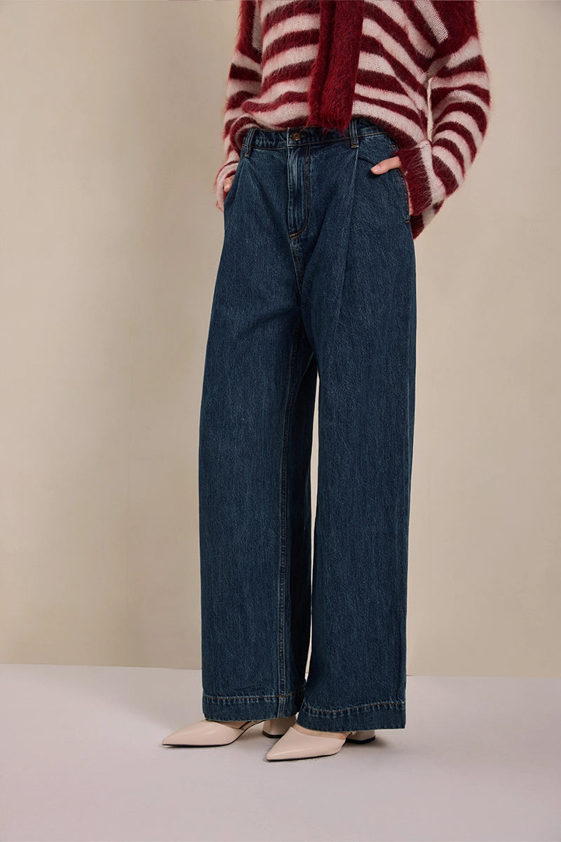 Front view of Solelegia Pleated Front Wide-Leg Jeans for Women