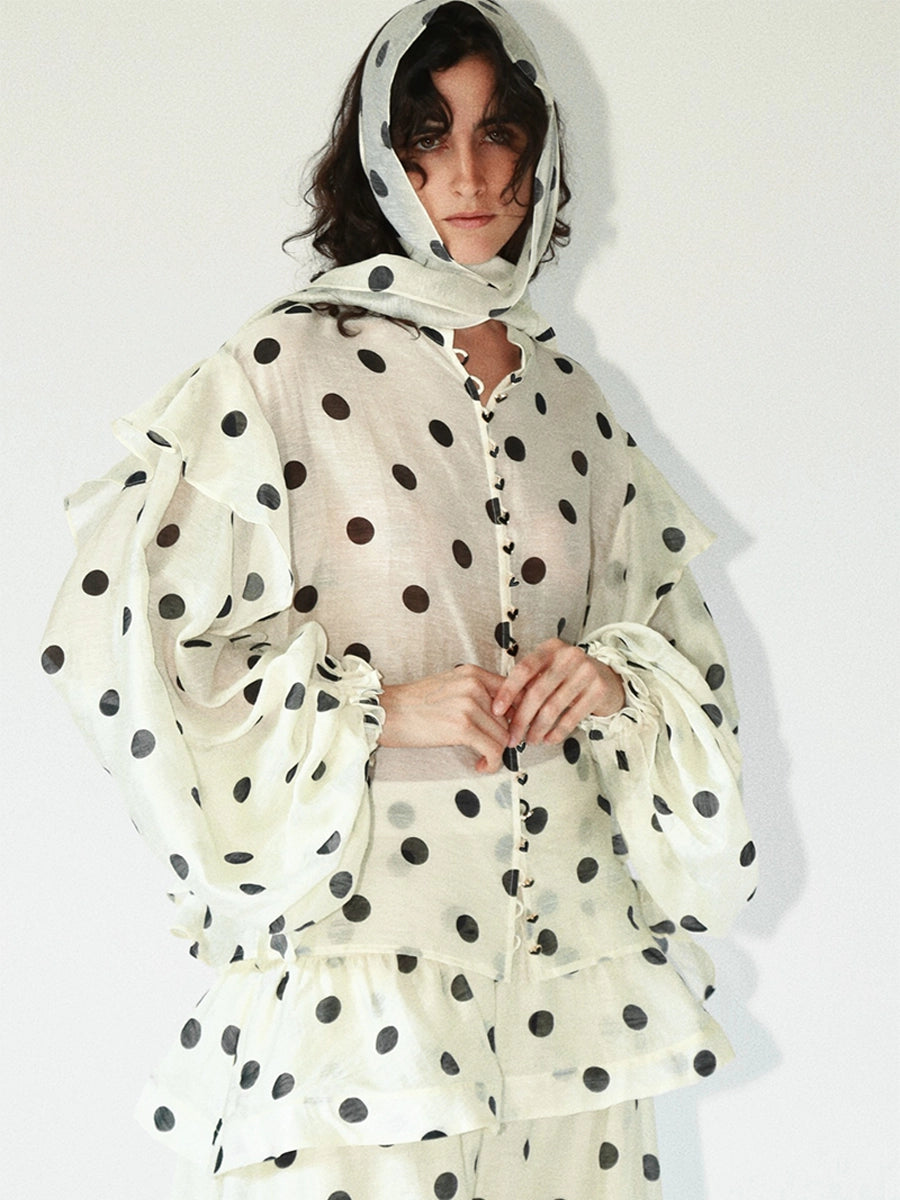 Solelegia black and white polka dot puff sleeve blouse front view