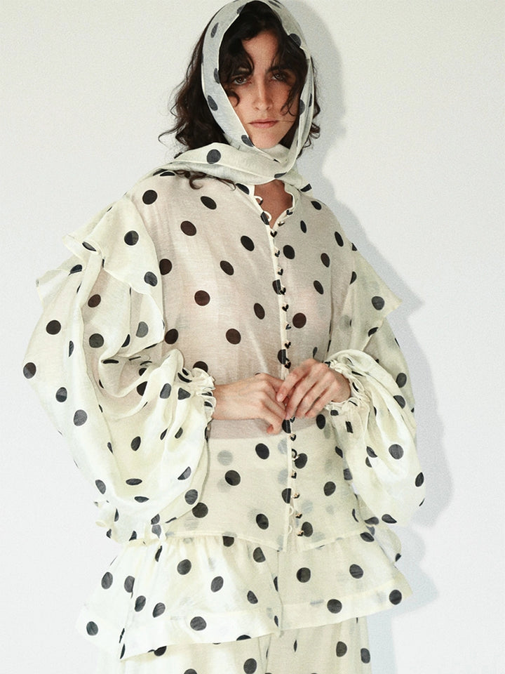 Solelegia black and white polka dot puff sleeve blouse front view