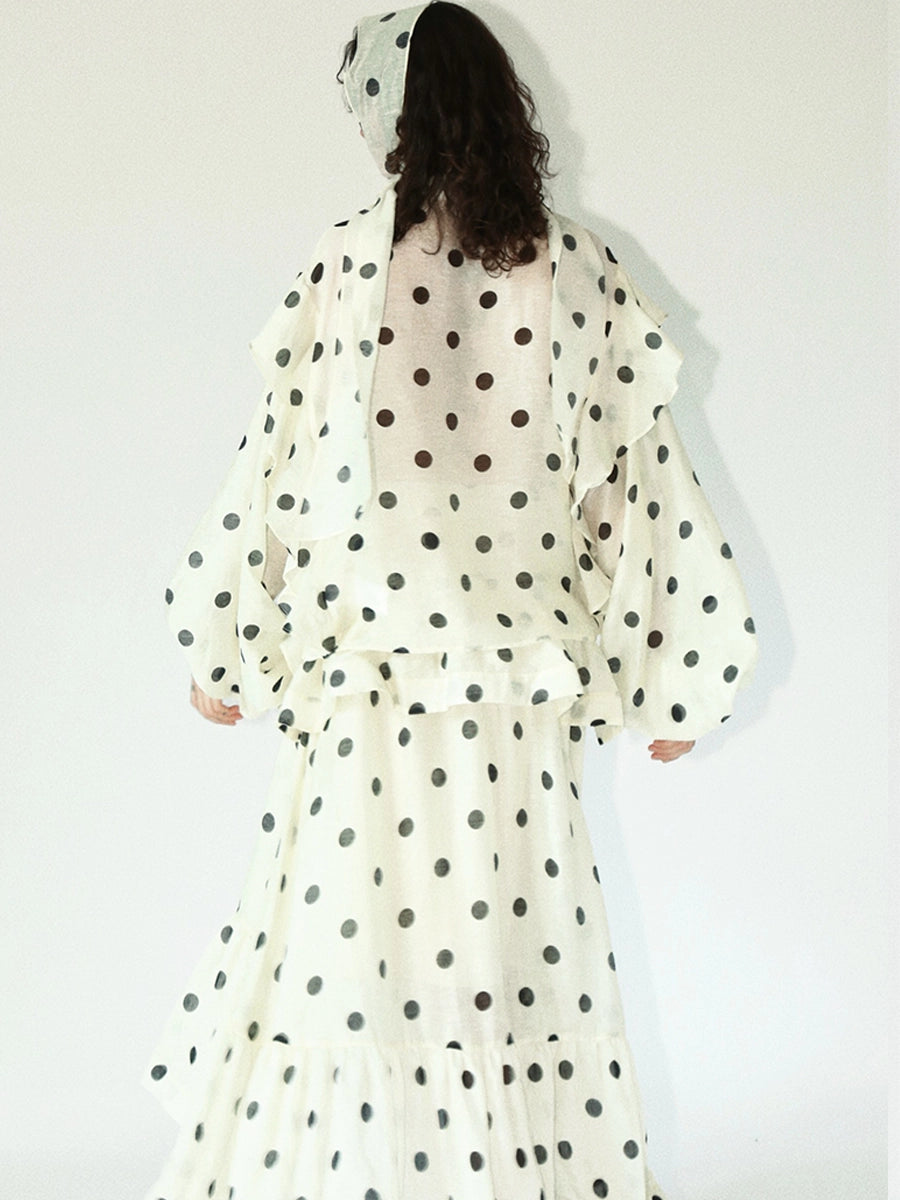 Back view of Solelegia polka dot half skirt