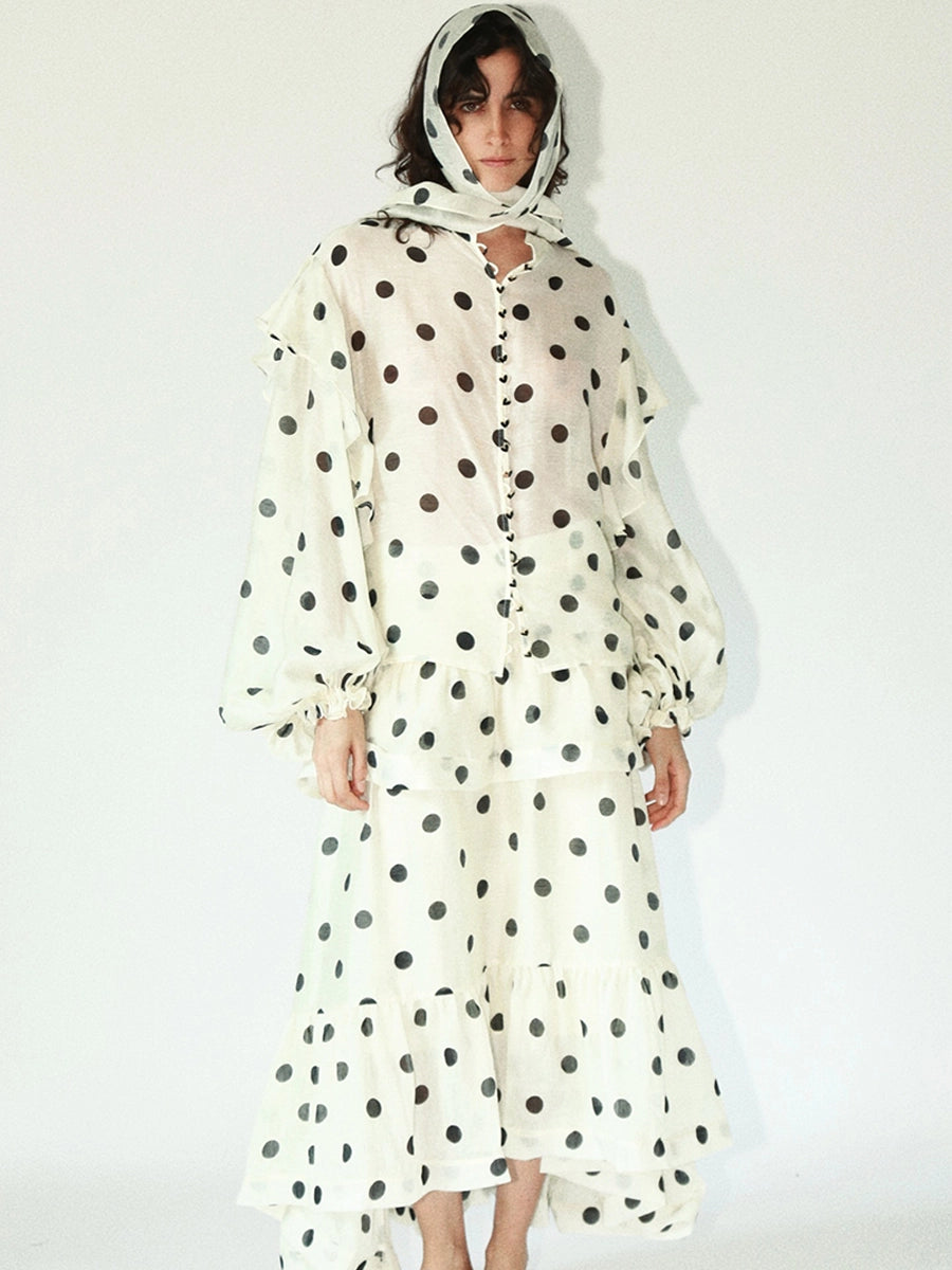 Solelegia black and white polka dot puff sleeve half skirt front view