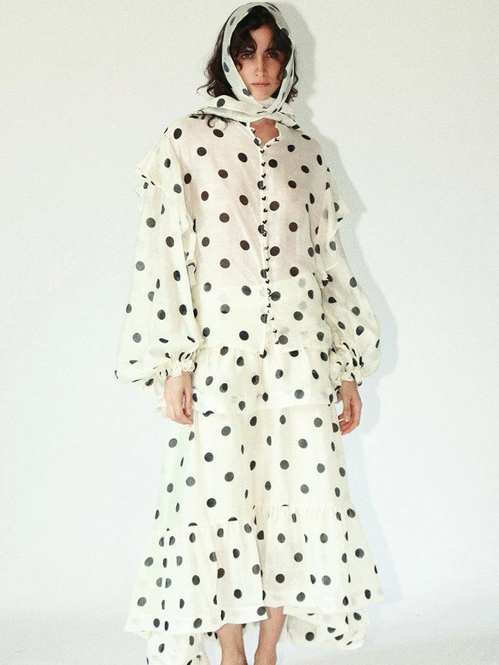 Solelegia black and white polka dot puff sleeve half skirt front view