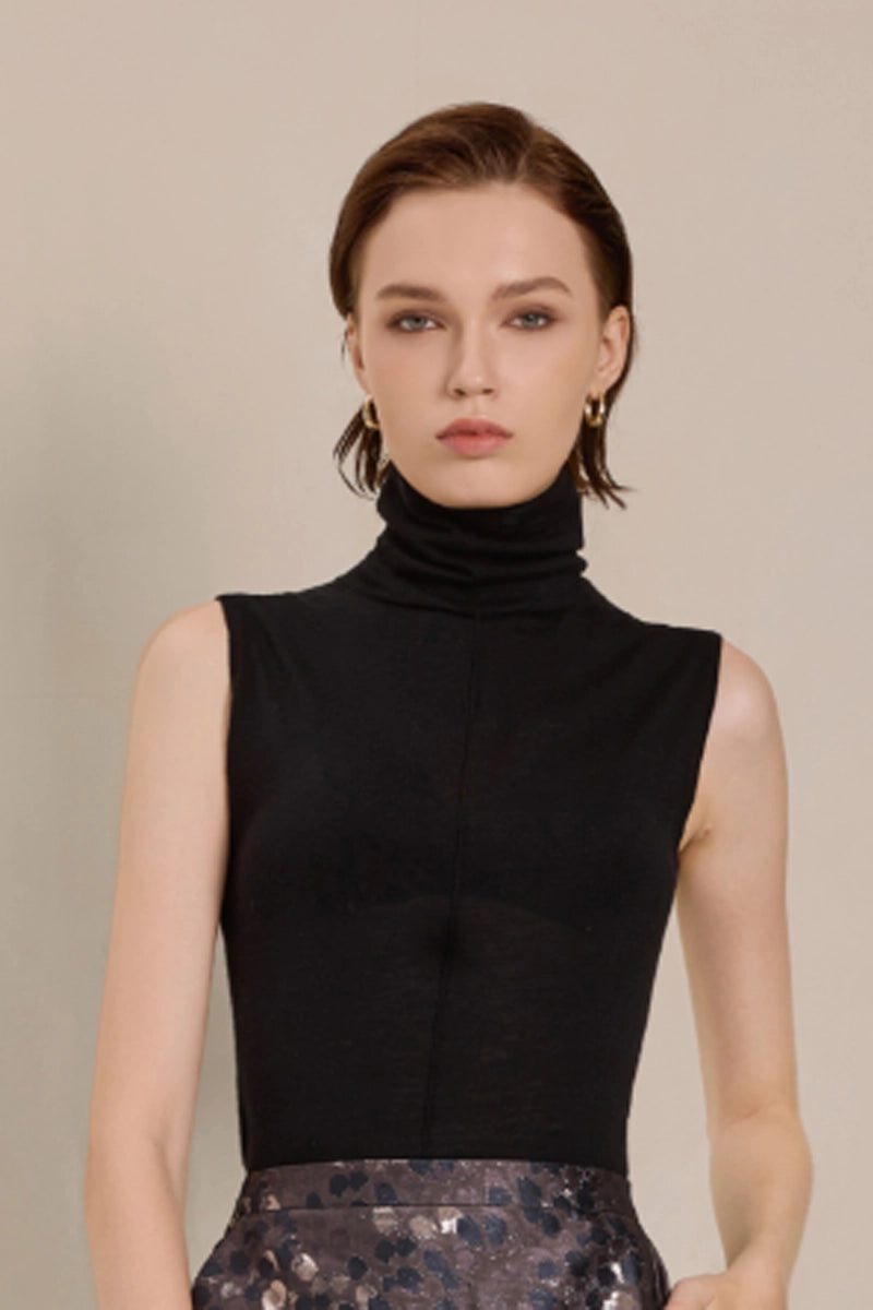 Front view of Solelegia Sleeveless Turtleneck Wool Vest for Women