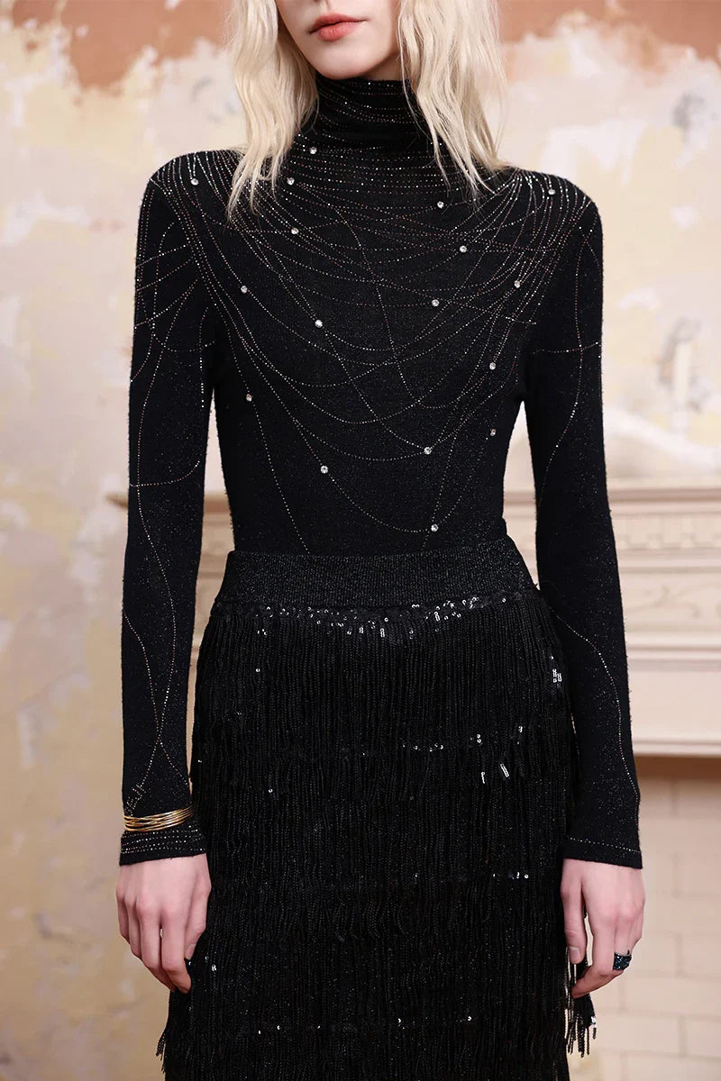 Solelegia sparkling embellished turtleneck knit top front view, elegant women’s sweater for chic events