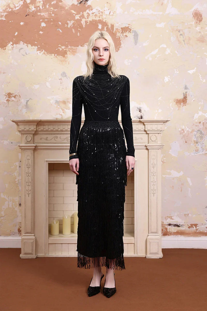 Model wearing Solelegia sparkling embellished turtleneck knit top, elegant outfit for chic parties and evening events