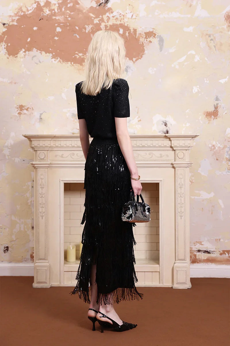 Solelegia sparkling embellished wool top back view, chic merino knitwear with rhinestone accents