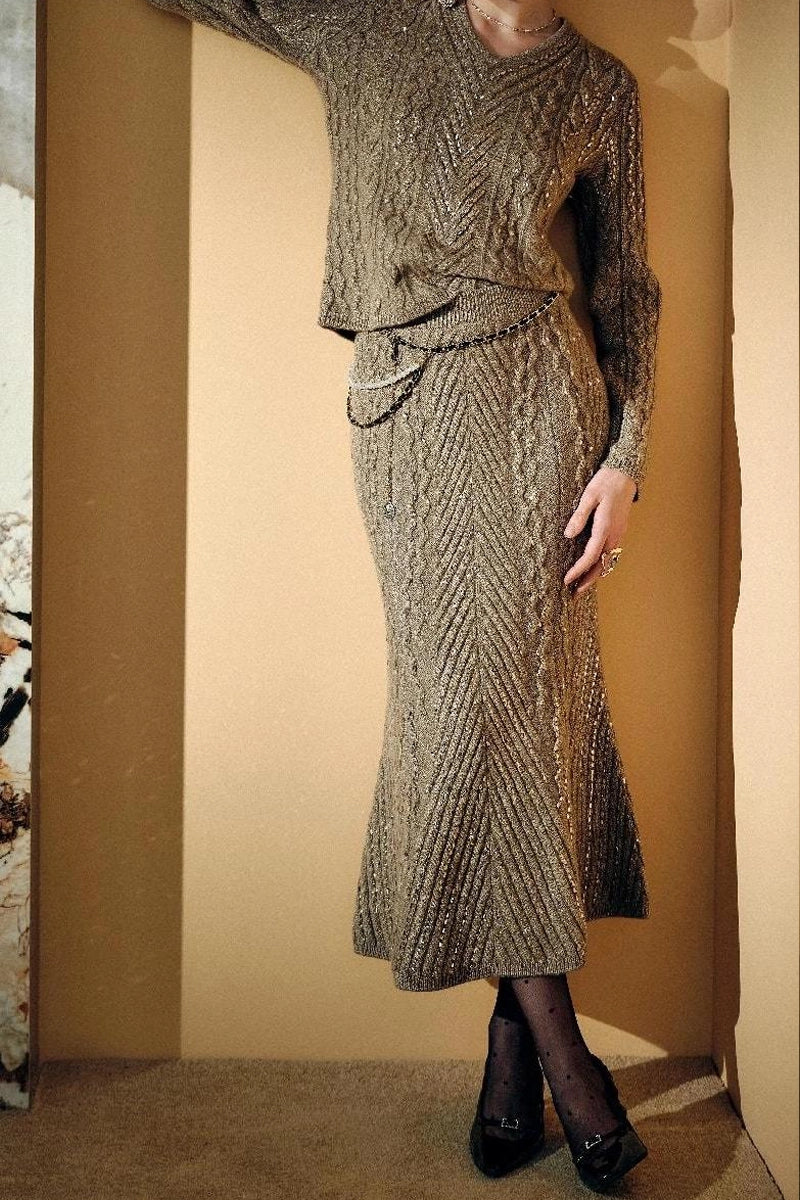 Front view of Solelegia Sparkling Crystal Textured Mermaid Skirt with silver thread details